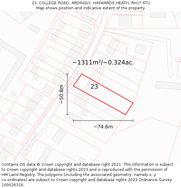 23, COLLEGE ROAD, ARDINGLY, HAYWARDS HEATH, RH17 6TU: Plot and title map