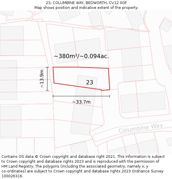 23, COLUMBINE WAY, BEDWORTH, CV12 0GF: Plot and title map