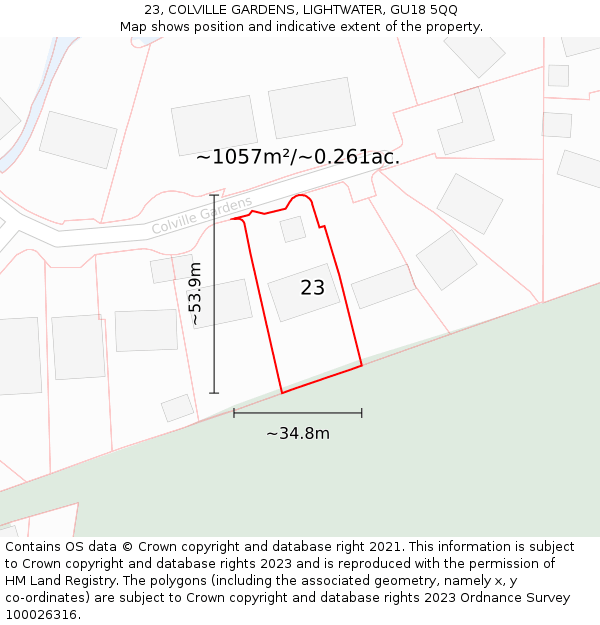 23, COLVILLE GARDENS, LIGHTWATER, GU18 5QQ: Plot and title map