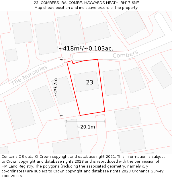 23, COMBERS, BALCOMBE, HAYWARDS HEATH, RH17 6NE: Plot and title map