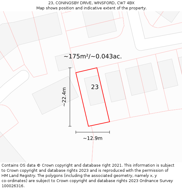 23, CONINGSBY DRIVE, WINSFORD, CW7 4BX: Plot and title map