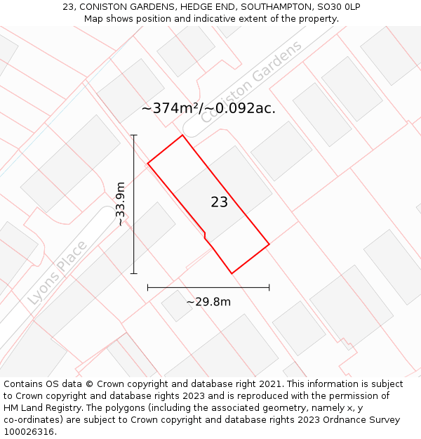 23, CONISTON GARDENS, HEDGE END, SOUTHAMPTON, SO30 0LP: Plot and title map