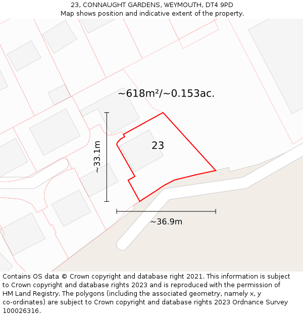 23, CONNAUGHT GARDENS, WEYMOUTH, DT4 9PD: Plot and title map