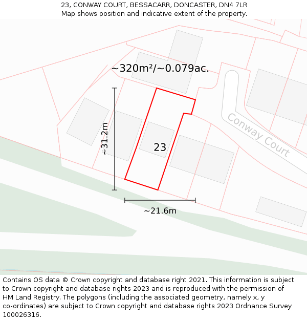 23, CONWAY COURT, BESSACARR, DONCASTER, DN4 7LR: Plot and title map