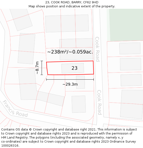 23, COOK ROAD, BARRY, CF62 9HD: Plot and title map