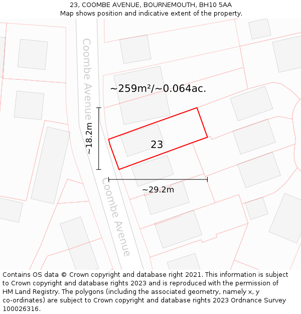 23, COOMBE AVENUE, BOURNEMOUTH, BH10 5AA: Plot and title map