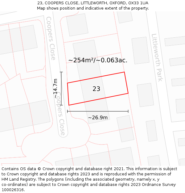 23, COOPERS CLOSE, LITTLEWORTH, OXFORD, OX33 1UA: Plot and title map