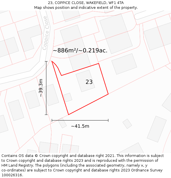 23, COPPICE CLOSE, WAKEFIELD, WF1 4TA: Plot and title map