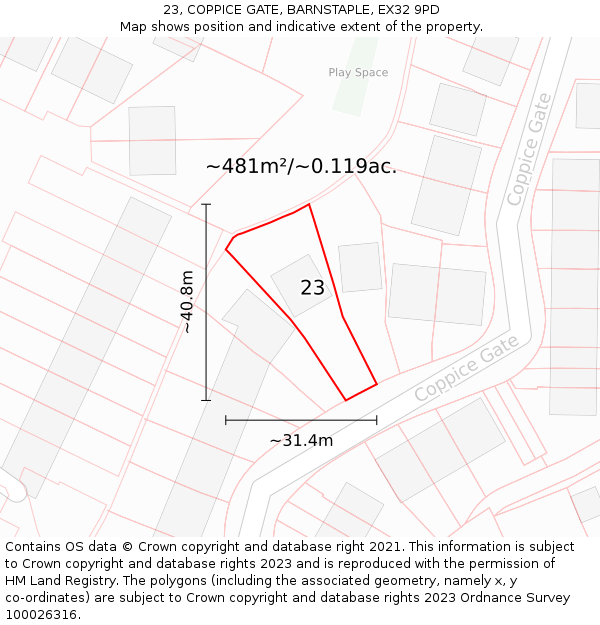 23, COPPICE GATE, BARNSTAPLE, EX32 9PD: Plot and title map