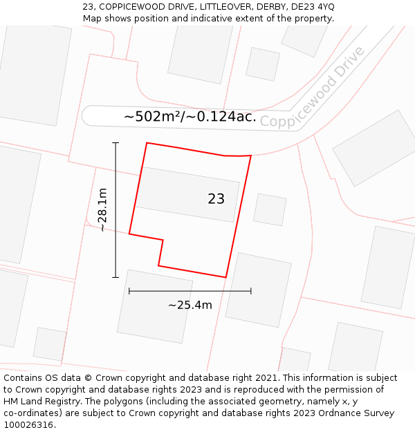 23, COPPICEWOOD DRIVE, LITTLEOVER, DERBY, DE23 4YQ: Plot and title map