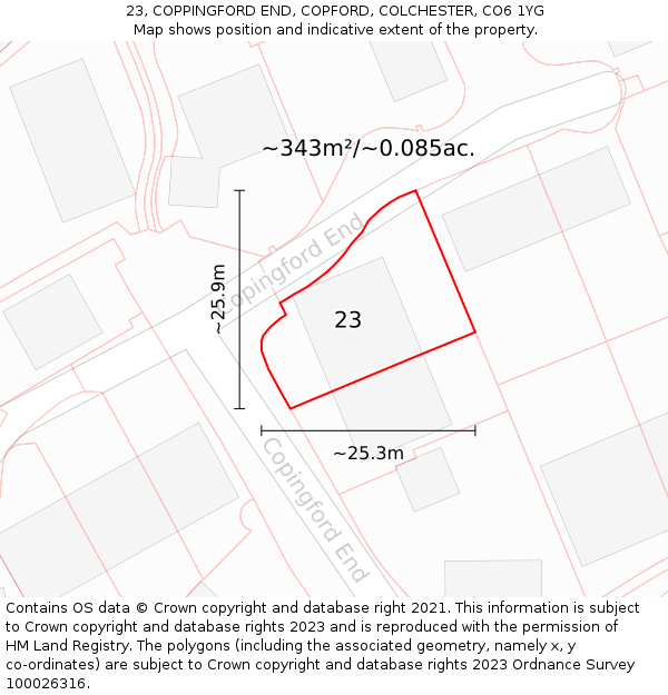 23, COPPINGFORD END, COPFORD, COLCHESTER, CO6 1YG: Plot and title map