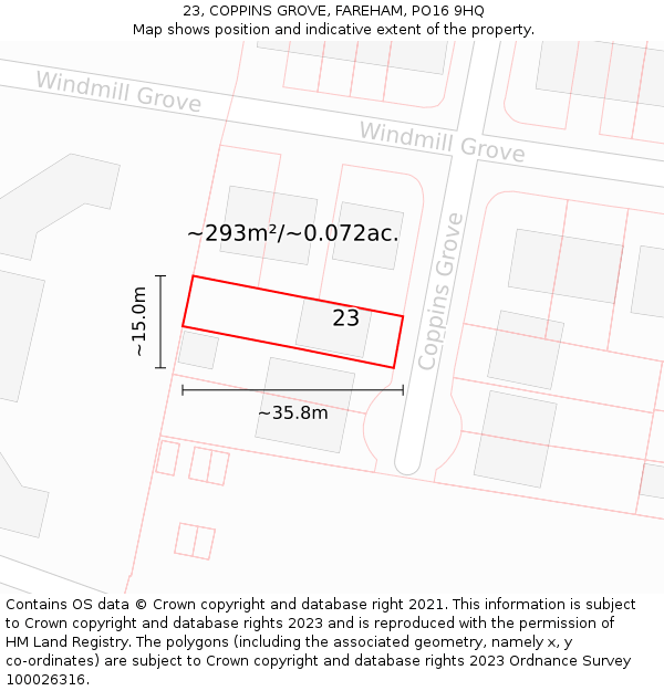 23, COPPINS GROVE, FAREHAM, PO16 9HQ: Plot and title map