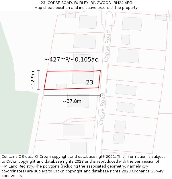 23, COPSE ROAD, BURLEY, RINGWOOD, BH24 4EG: Plot and title map