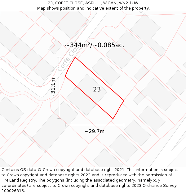 23, CORFE CLOSE, ASPULL, WIGAN, WN2 1UW: Plot and title map