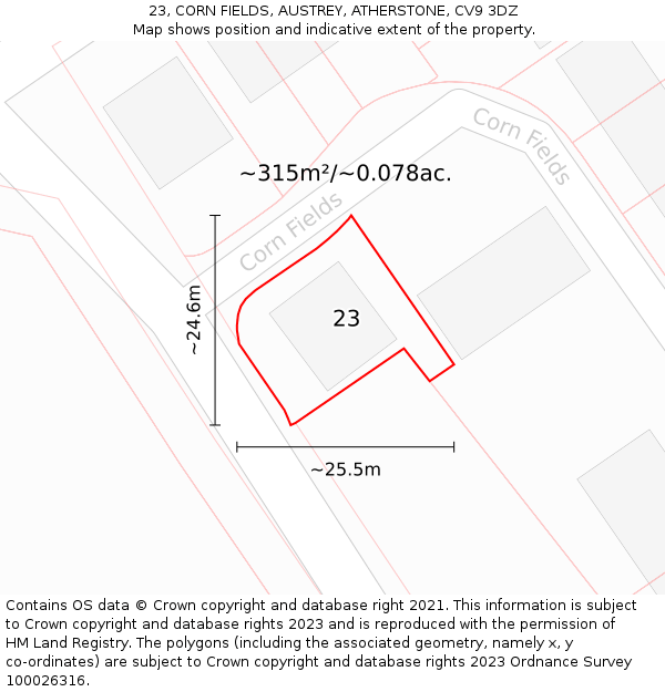 23, CORN FIELDS, AUSTREY, ATHERSTONE, CV9 3DZ: Plot and title map