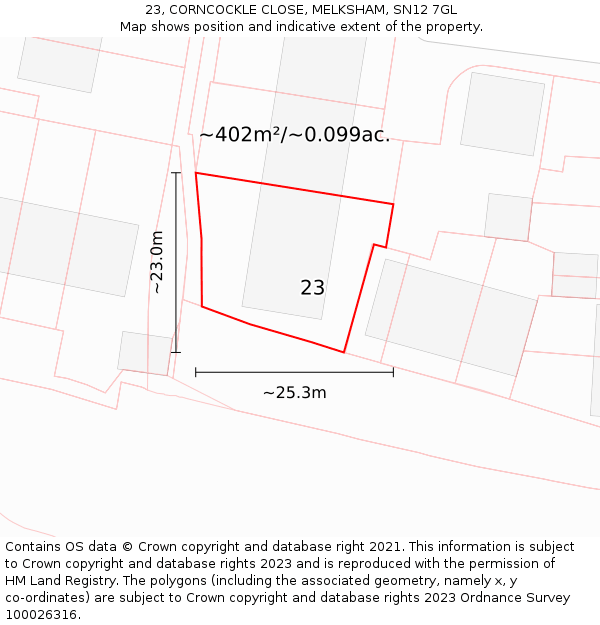 23, CORNCOCKLE CLOSE, MELKSHAM, SN12 7GL: Plot and title map