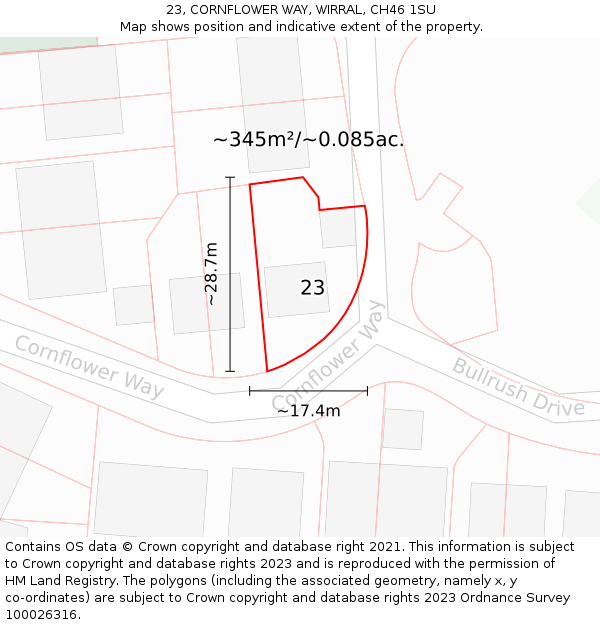 23, CORNFLOWER WAY, WIRRAL, CH46 1SU: Plot and title map