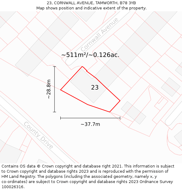 23, CORNWALL AVENUE, TAMWORTH, B78 3YB: Plot and title map