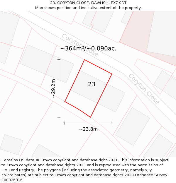 23, CORYTON CLOSE, DAWLISH, EX7 9DT: Plot and title map