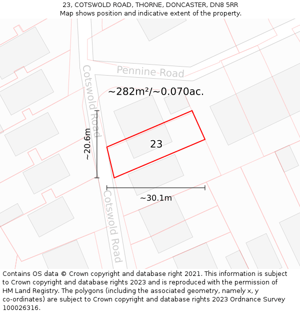 23, COTSWOLD ROAD, THORNE, DONCASTER, DN8 5RR: Plot and title map