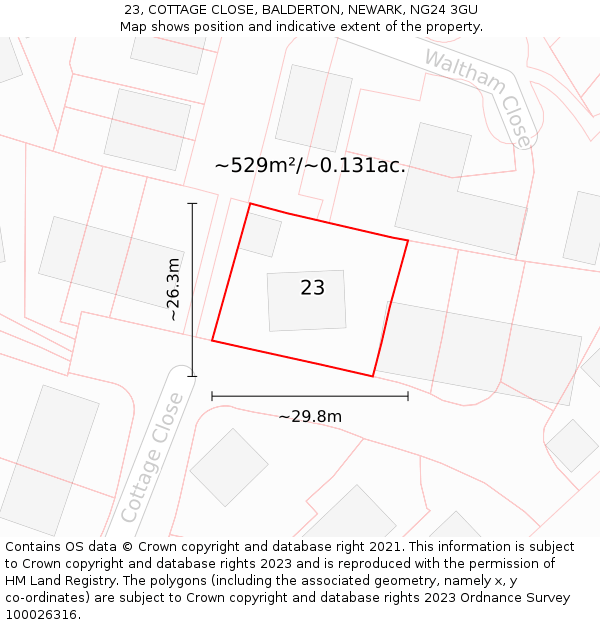 23, COTTAGE CLOSE, BALDERTON, NEWARK, NG24 3GU: Plot and title map