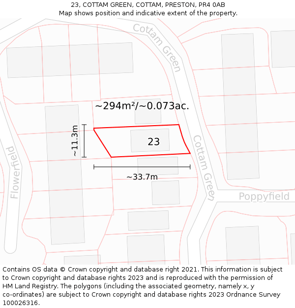 23, COTTAM GREEN, COTTAM, PRESTON, PR4 0AB: Plot and title map