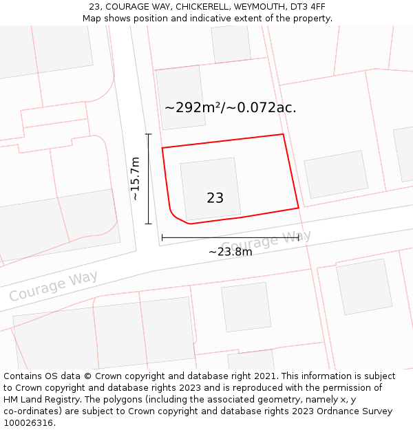 23, COURAGE WAY, CHICKERELL, WEYMOUTH, DT3 4FF: Plot and title map