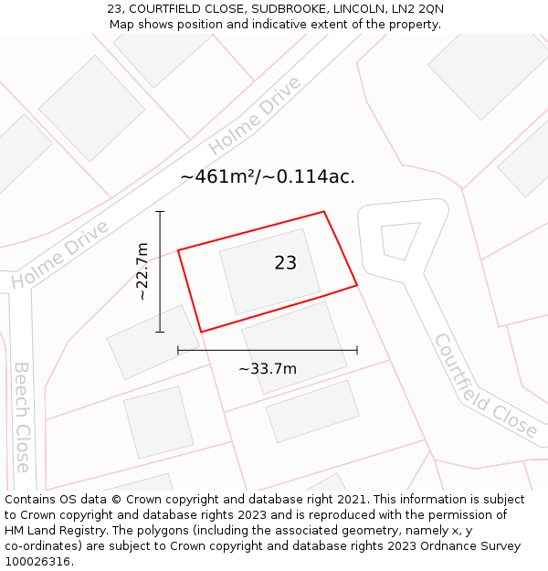 23, COURTFIELD CLOSE, SUDBROOKE, LINCOLN, LN2 2QN: Plot and title map