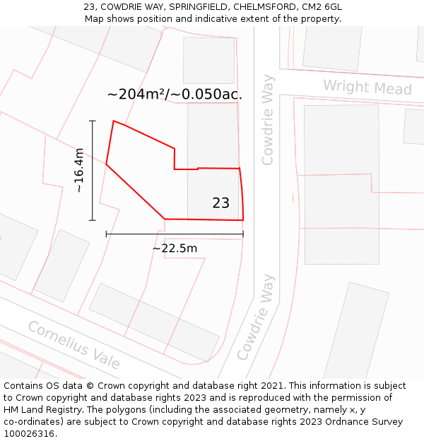 23, COWDRIE WAY, SPRINGFIELD, CHELMSFORD, CM2 6GL: Plot and title map