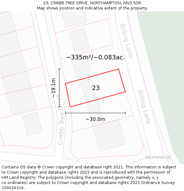 23, CRABB TREE DRIVE, NORTHAMPTON, NN3 5DR: Plot and title map