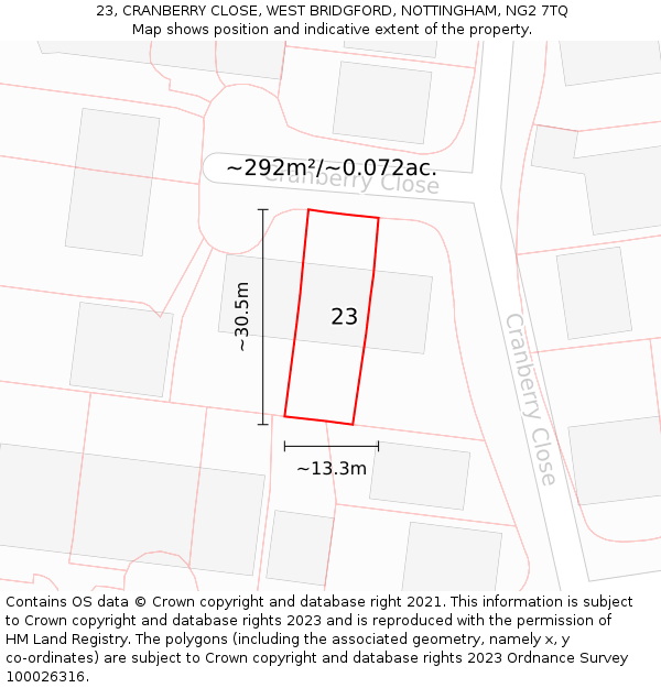 23, CRANBERRY CLOSE, WEST BRIDGFORD, NOTTINGHAM, NG2 7TQ: Plot and title map