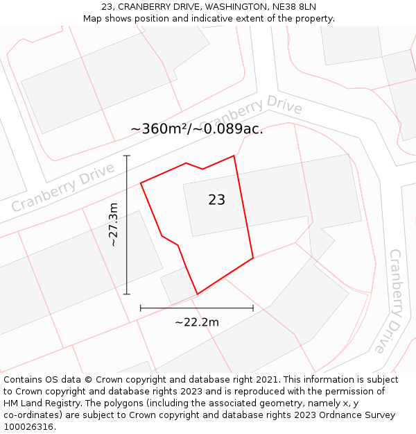 23, CRANBERRY DRIVE, WASHINGTON, NE38 8LN: Plot and title map