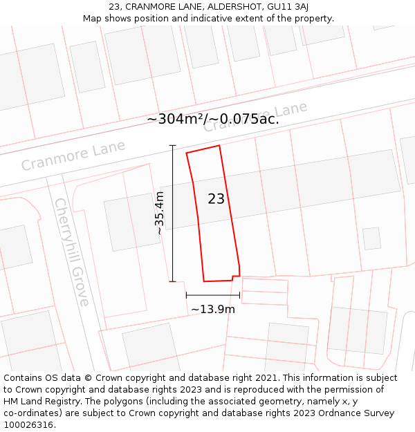 23, CRANMORE LANE, ALDERSHOT, GU11 3AJ: Plot and title map