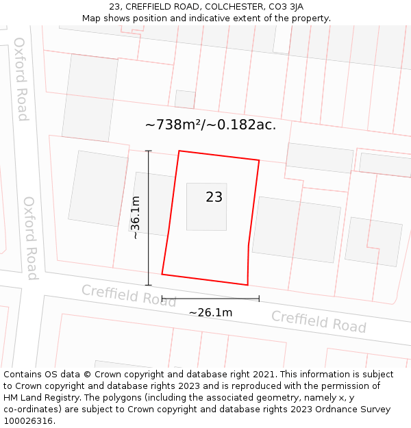 23, CREFFIELD ROAD, COLCHESTER, CO3 3JA: Plot and title map