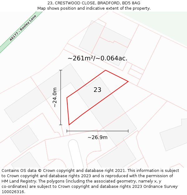 23, CRESTWOOD CLOSE, BRADFORD, BD5 8AG: Plot and title map