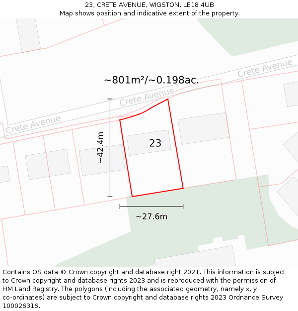 23, CRETE AVENUE, WIGSTON, LE18 4UB: Plot and title map