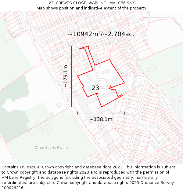 23, CREWES CLOSE, WARLINGHAM, CR6 9NX: Plot and title map