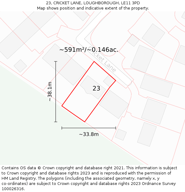 23, CRICKET LANE, LOUGHBOROUGH, LE11 3PD: Plot and title map