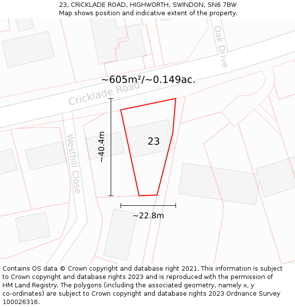 23, CRICKLADE ROAD, HIGHWORTH, SWINDON, SN6 7BW: Plot and title map