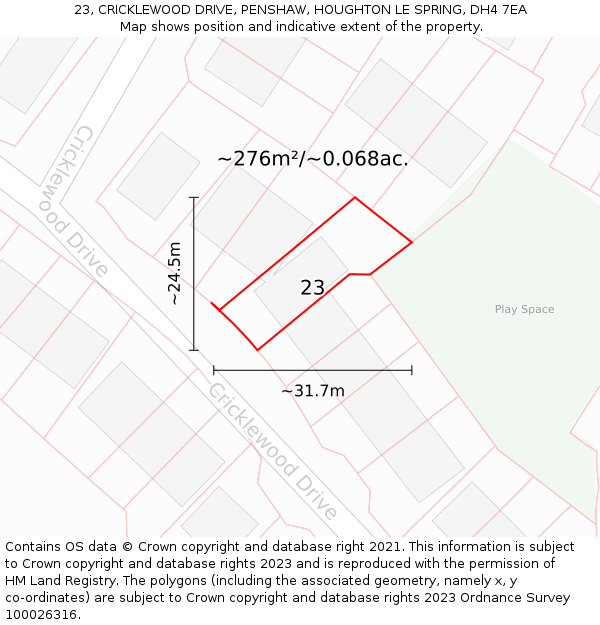 23, CRICKLEWOOD DRIVE, PENSHAW, HOUGHTON LE SPRING, DH4 7EA: Plot and title map