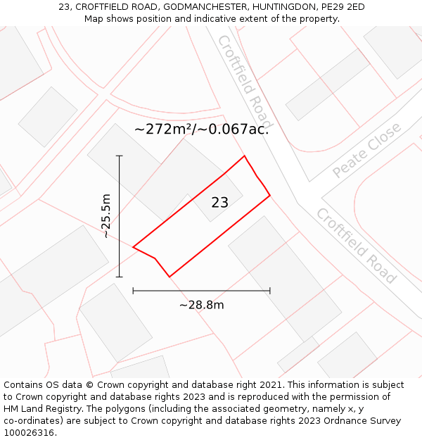 23, CROFTFIELD ROAD, GODMANCHESTER, HUNTINGDON, PE29 2ED: Plot and title map