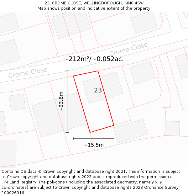 23, CROME CLOSE, WELLINGBOROUGH, NN8 4SW: Plot and title map