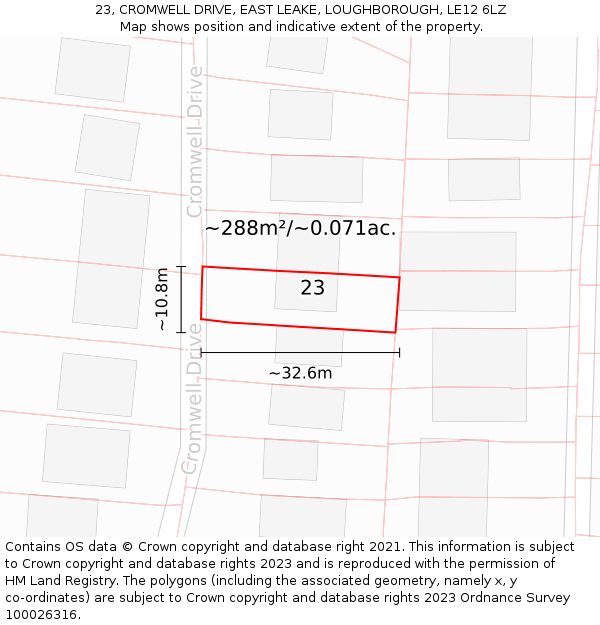 23, CROMWELL DRIVE, EAST LEAKE, LOUGHBOROUGH, LE12 6LZ: Plot and title map