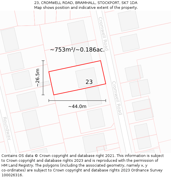 23, CROMWELL ROAD, BRAMHALL, STOCKPORT, SK7 1DA: Plot and title map