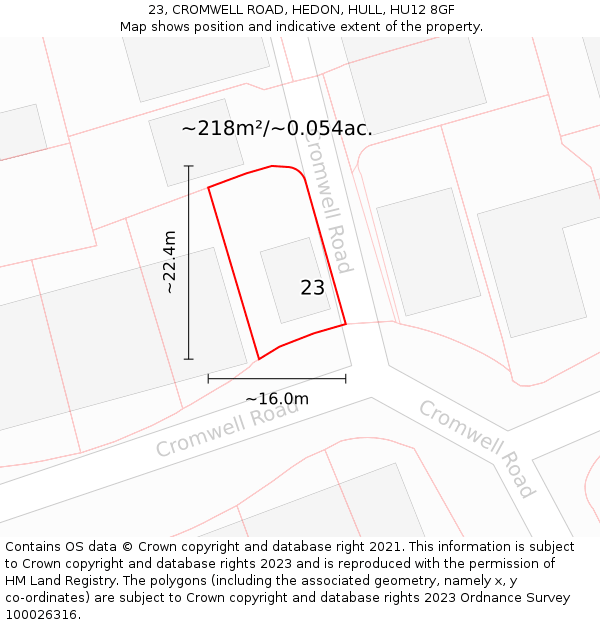 23, CROMWELL ROAD, HEDON, HULL, HU12 8GF: Plot and title map