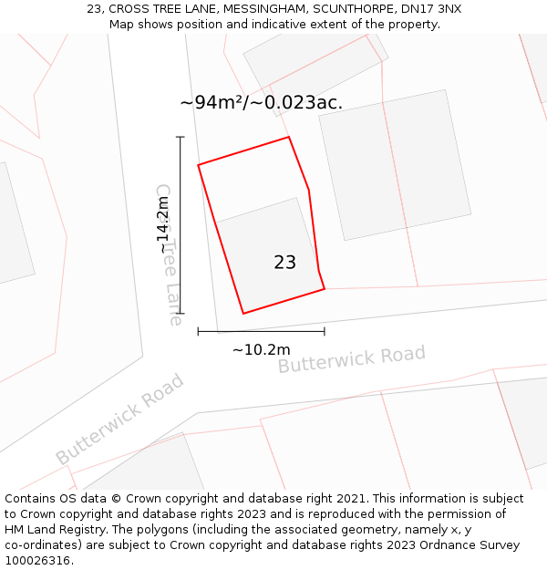 23, CROSS TREE LANE, MESSINGHAM, SCUNTHORPE, DN17 3NX: Plot and title map