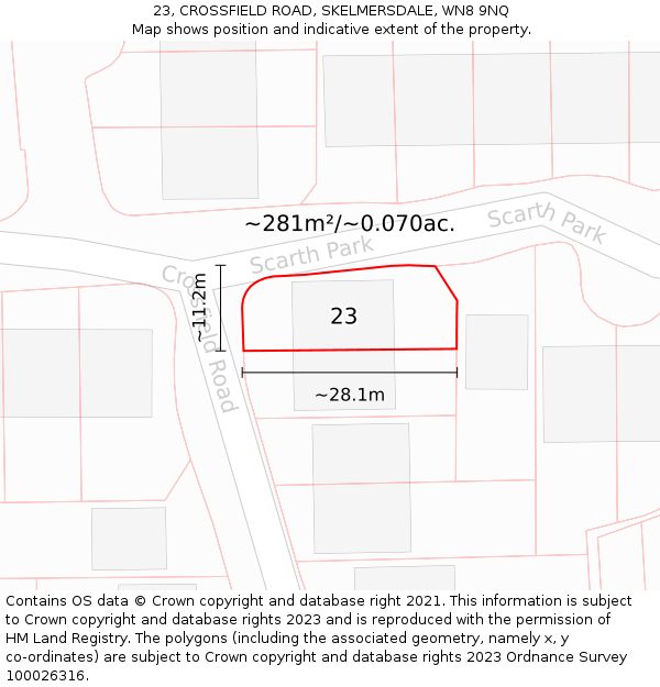 23, CROSSFIELD ROAD, SKELMERSDALE, WN8 9NQ: Plot and title map