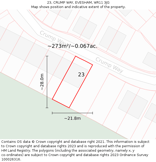 23, CRUMP WAY, EVESHAM, WR11 3JG: Plot and title map