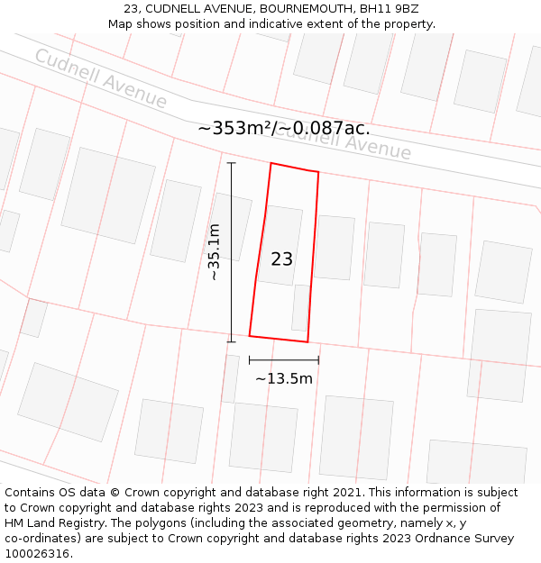 23, CUDNELL AVENUE, BOURNEMOUTH, BH11 9BZ: Plot and title map