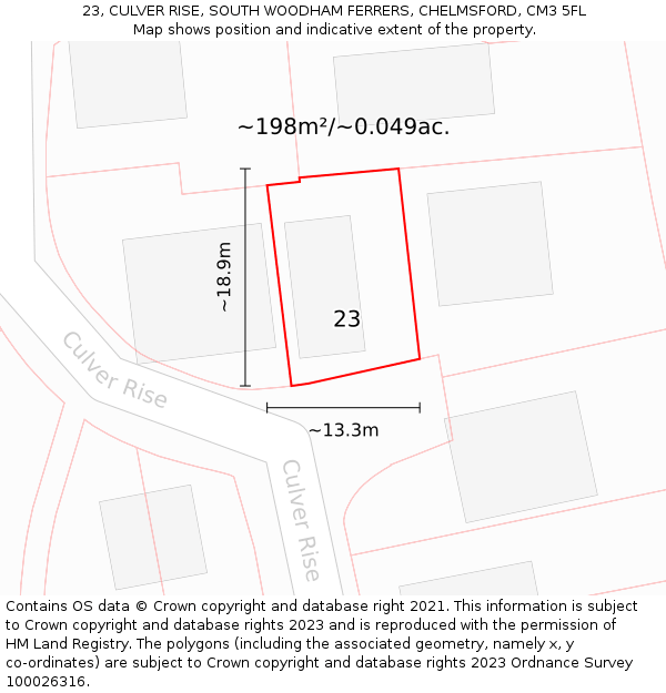 23, CULVER RISE, SOUTH WOODHAM FERRERS, CHELMSFORD, CM3 5FL: Plot and title map